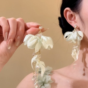 Detailed view of forest-style fabric flower earrings with pearls and crystals.