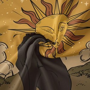 Detailed close-up showing the soft fiber texture and sun tarot print on yellow bohemian tapestry