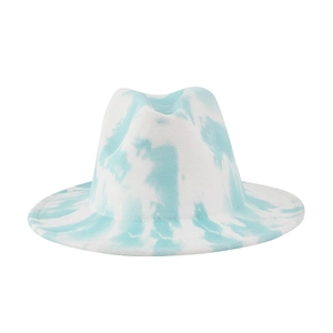 Classic fedora hat featuring a stylish blue and white tie-dye wool felt design for autumn
