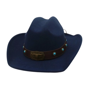 Dark blue felt cowboy hat with leather band and bronze bull head buckle on white background