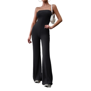 Elegant slim fit strapless black jumpsuit with flared legs for women casual wear