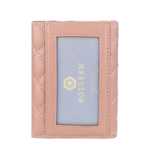 Pink quilted PU leather multi-slot card holder with transparent ID window and soft finish