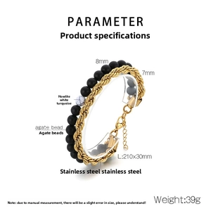 Detail of 8mm black agate beads with howlite and 7mm golden stainless steel twist chain