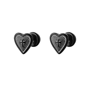 Gothic black heart cross stud earrings in matte finish stainless steel for men and women