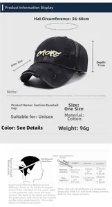 Size chart showing dimensions for vintage distressed baseball cap with CACHE embroidery