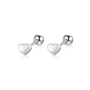 Pair of silver heart stud earrings with secure screw back ball on white background
