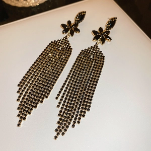 Orecchini Lunghi Con Nappe Design Floreale Strass Neri Rame Con Perno In Argento Gioielli Di Lusso Vintage Per Donne