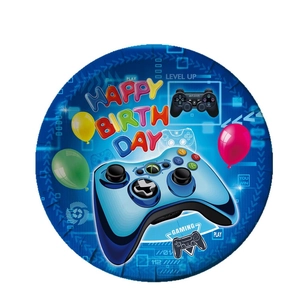 Blue game theme party supplies set with Happy Birthday paper plates and gaming patterns