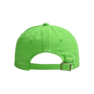 Rear view of bright green cotton baseball cap featuring an adjustable vintage metal buckle
