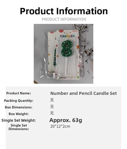 Detail view of green number 8 candle and polka dot pencil candles set with dimensions