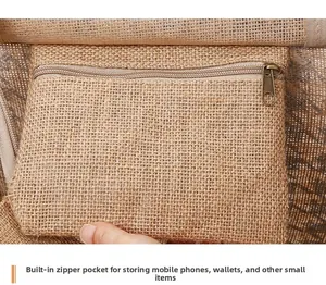 Detail of vintage jute tote bag inner zipper pocket for storing phones and wallets