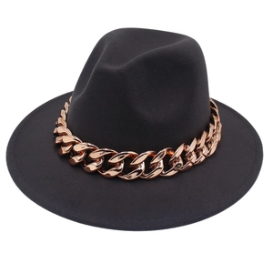 Classic black wool fedora hat with a bold gold acrylic chain link around the crown