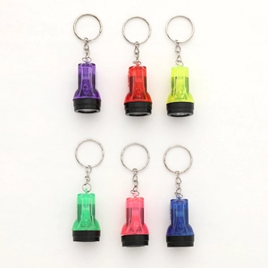Mini LED flashlight keychains set in six vibrant translucent colors with metal rings