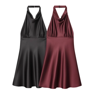 Robe Mini Dos Nu Licou Satin Acétate Plissée Élégante Soirée Fête Couleur Unie Pour Femmes
