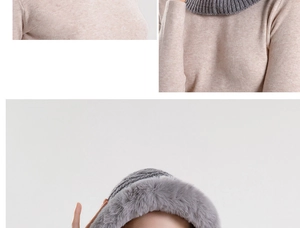 Detail of grey winter knit hat with fluffy faux fur trim and matching ribbed neck warmer