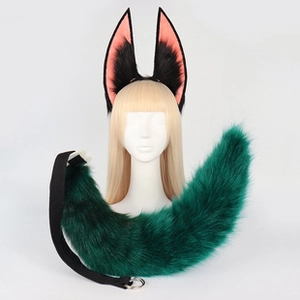 Cosplay accessory set featuring black and pink faux fur beast ears and a fluffy dark green tail