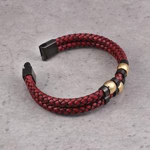 Double-layer red woven leather bracelet for men with gold and black steel beads