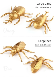 Détails de modèles dorés de scarabée et d'abeille avec mesures de dimensions
