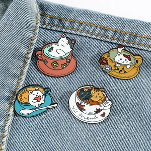 Creative cartoon cat coffee cup enamel pins set on denim jacket, 4 pieces pack