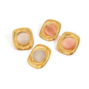 Golden ribbed square stud earrings with pink and white opal stones on white backdrop