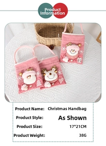 Pink plush Christmas drawstring gift bags featuring Santa, Reindeer and Snowman dolls