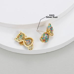 Detail of colorful cat stud earrings featuring S925 silver posts and pavé zircons