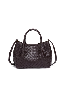 Dark brown woven leather handbag with dual handles and a detachable shoulder strap