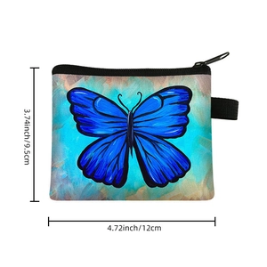 Blue butterfly print portable polyester coin purse with zipper and size measurements