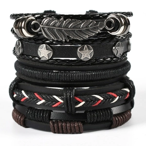 Multilayer men's leather bracelet set with skull and feather charms in black and brown