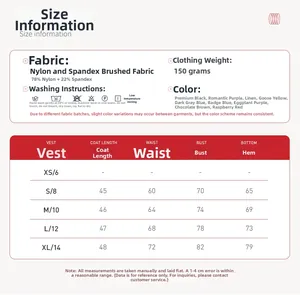 Size guide for crossover back yoga tank top with fabric care instructions and dimensions