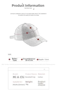 Guide des tailles montrant 56-61cm de tour et 7cm de visière pour la casquette en coton