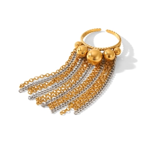 Modern gold chain tassel open ring featuring Five beads and bicolor hanging chain detail