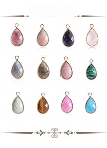 Detailed grid of twelve faceted teardrop gemstone pendants with gold-plated metal edges