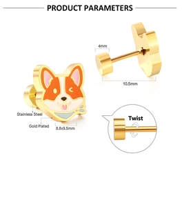 Detail of gold plated stainless steel corgi stud earrings with twist back dimensions