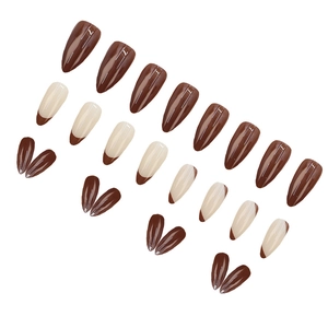 24pcs almond press-on nails with chocolate brown and cream white french tip design