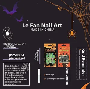 Detailed set of 24 Halloween press-on nails featuring pumpkin, bat, and spider web designs