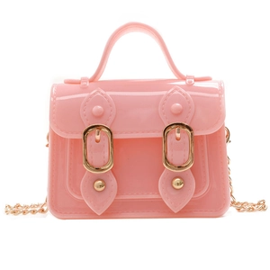 Pink jelly mini Cambridge bag with gold buckles and chain strap on white background