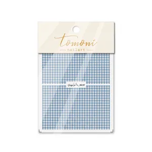 Detailed view of MS-57 5D nail art stickers with blue gingham pattern and packaging