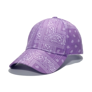 Close-up of purple paisley baseball cap showing detailed cotton fabric and stitching