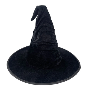 Classic black velvet witch hat with a pleated pointed tip and wide brim for costumes