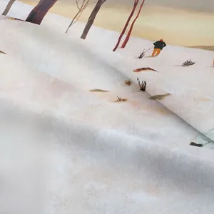 Close-up of winter snow landscape print on high-quality woven tapestry fabric