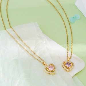 Pink and purple heart zircon pendants on gold-plated titanium steel chain necklaces