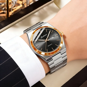 Close-up of Dedima men's watch featuring a black dial and dual day-date calendar window
