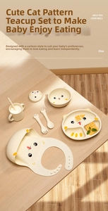 Detailed six-piece silicone baby dinnerware set in cream beige with cute cat prints