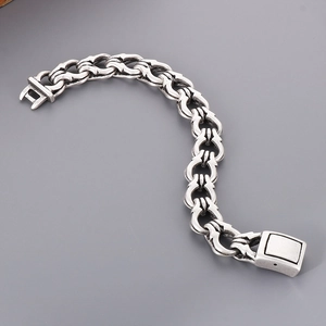 Vintage oxidized stainless steel chain bracelet with a chunky industrial clasp for men