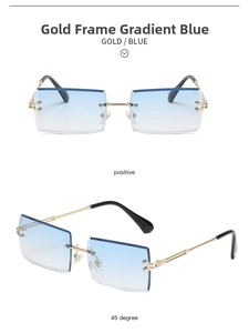 Detail view of gold frame rimless rectangular sunglasses with blue gradient lenses
