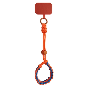 Adjustable woven wrist strap for phone with durable clip in bright orange and blue