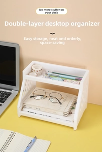 Two-tier white desktop organizer for stationery and cosmetics in a cozy office setting