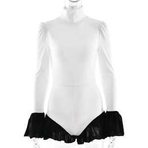 Slim fit long sleeve bodysuit with white high neck and black flared sleeve cuffs