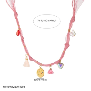 Pink ribbon necklace detail with coin pendant, 71.5cm length and 12g weight specs